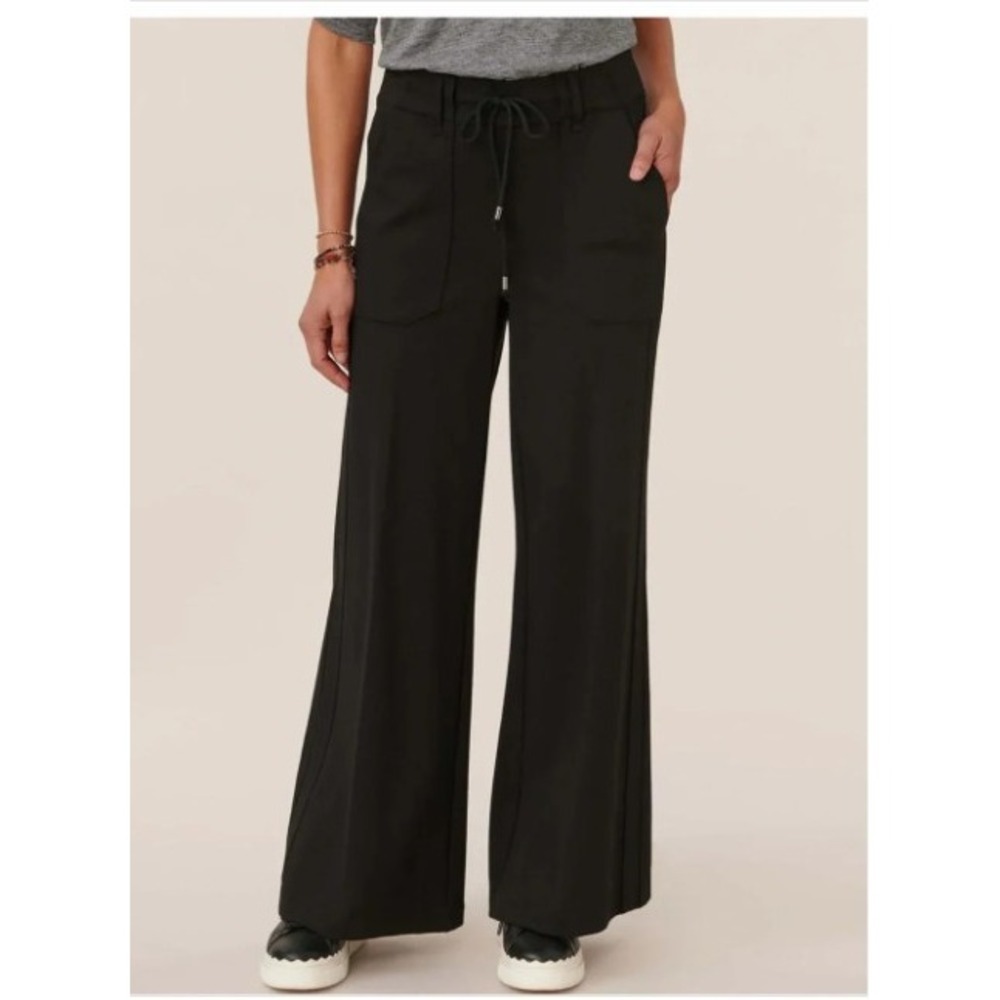 Democracy Pants Womens L Wide Leg Ponte Knit Pull On Drawstring Pockets Black